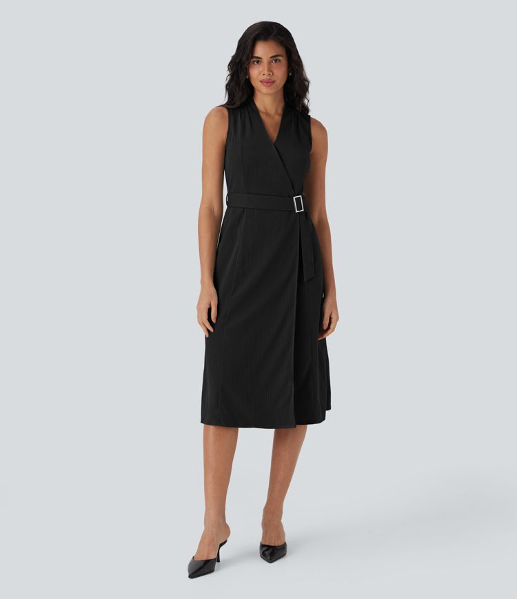 Wrinkle-resistant V Neck Sleeveless Wrapped Belted Midi Travel Dress with Pockets