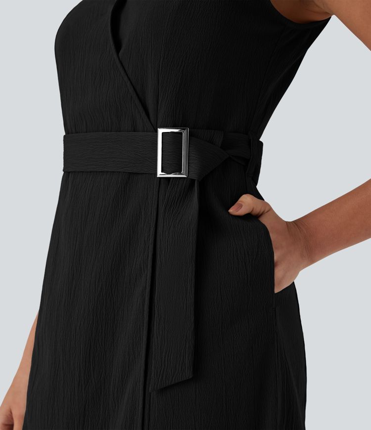 Wrinkle-resistant V Neck Sleeveless Wrapped Belted Midi Travel Dress with Pockets