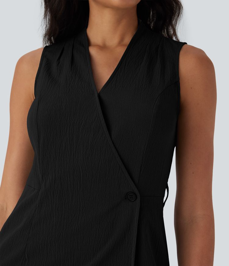Wrinkle-resistant V Neck Sleeveless Wrapped Belted Midi Travel Dress with Pockets