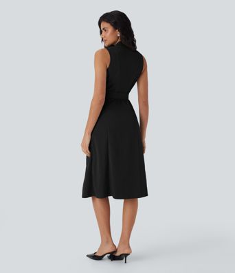 Wrinkle-resistant V Neck Sleeveless Wrapped Belted Midi Travel Dress with Pockets