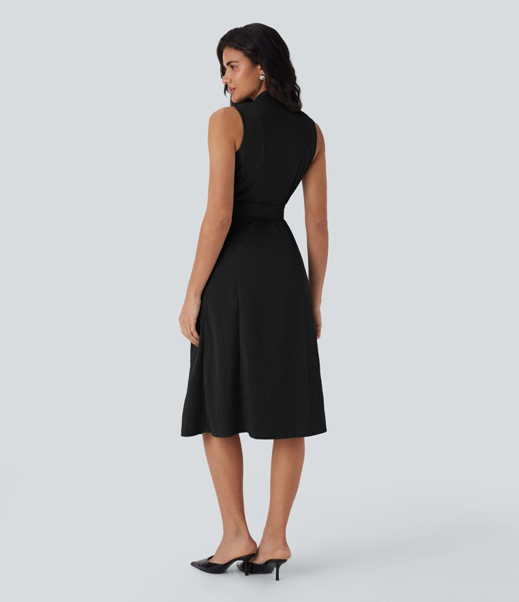 Wrinkle-resistant V Neck Sleeveless Wrapped Belted Midi Travel Dress with Pockets