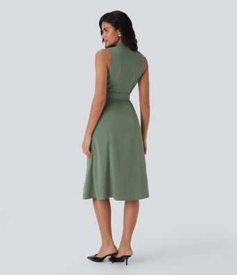 Vestido midi sin mangas y escote en V cruzado con cinturón y bolsillos laterales