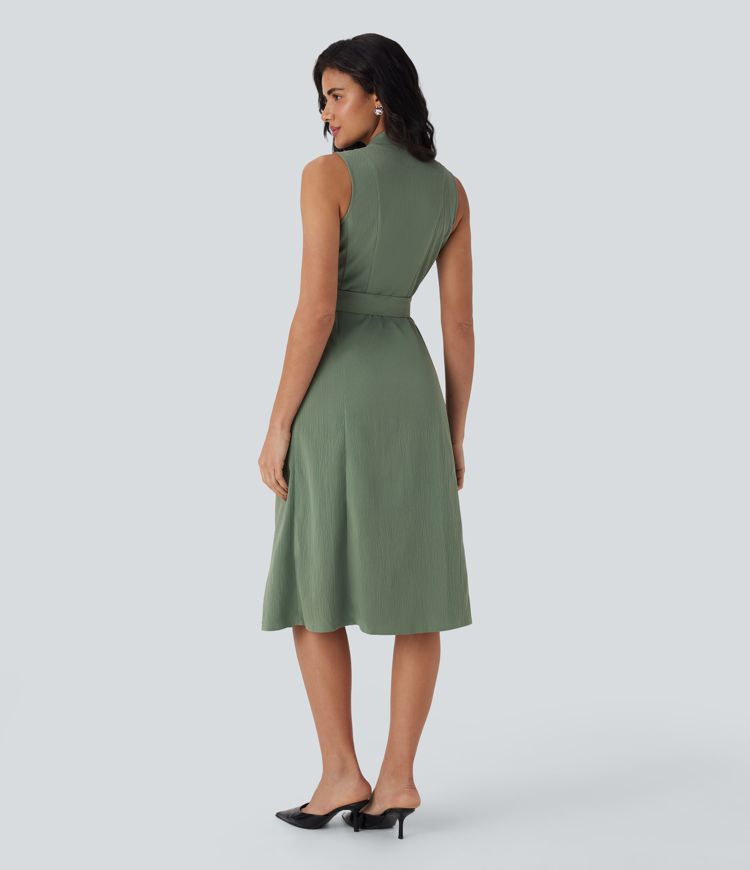 Vestido midi sin mangas y escote en V cruzado con cinturón y bolsillos laterales