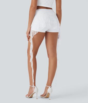 Sheer Low Rise 2-in-1 Lace Tie Side Lettuce Trim Mini Skirt