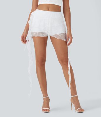 Sheer Low Rise 2-in-1 Lace Tie Side Lettuce Trim Mini Skirt