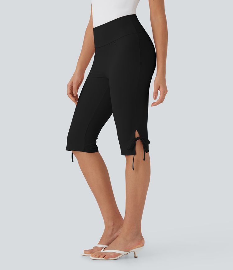 Mid Rise Lace Up Capri Casual Pants with Pockets