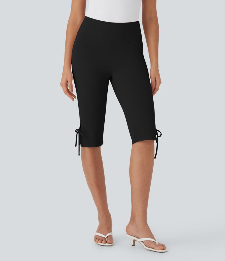 Mid Rise Lace Up Capri Casual Pants with Pockets