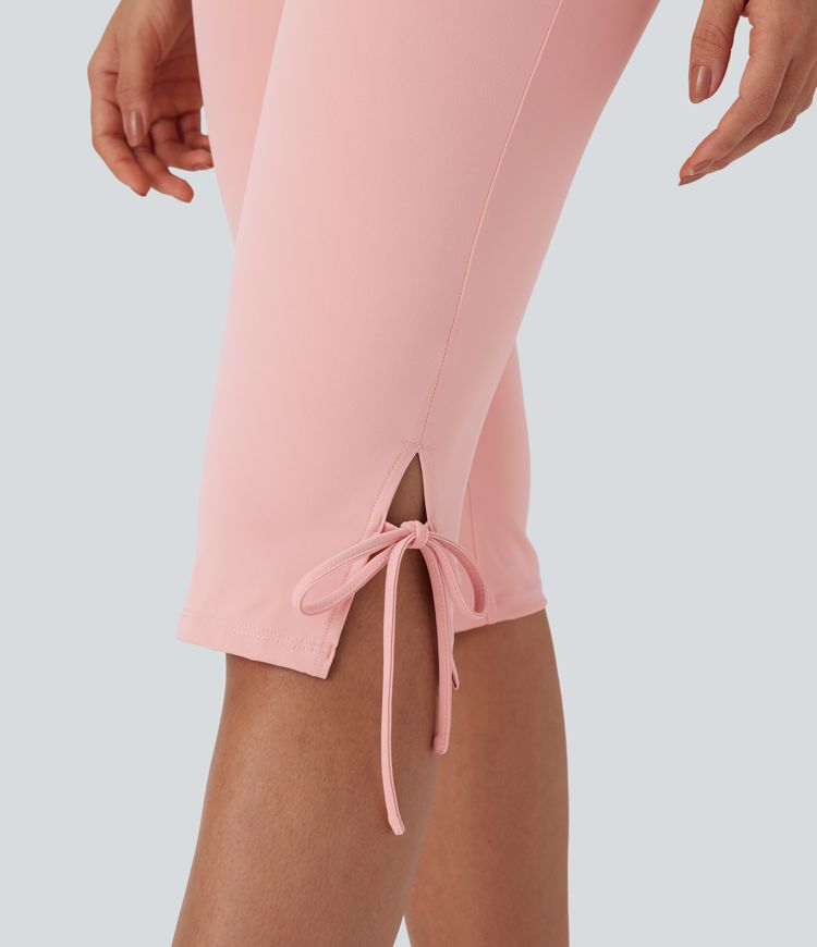 Mid Rise Lace Up Capri Casual Pants with Pockets