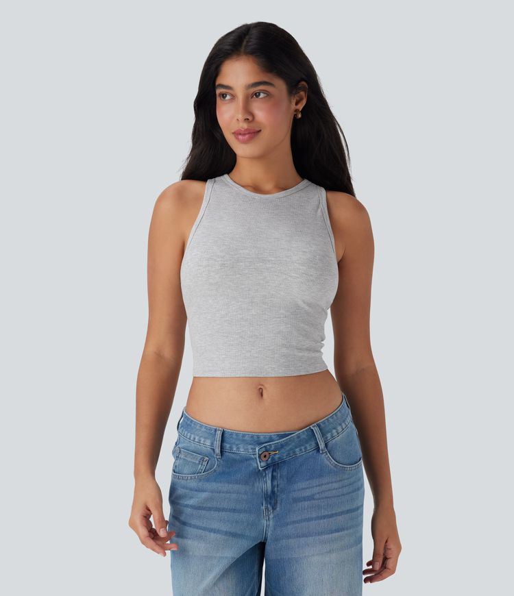 Mottled Grey Round Neck Cropped Casual Tank Top / 1