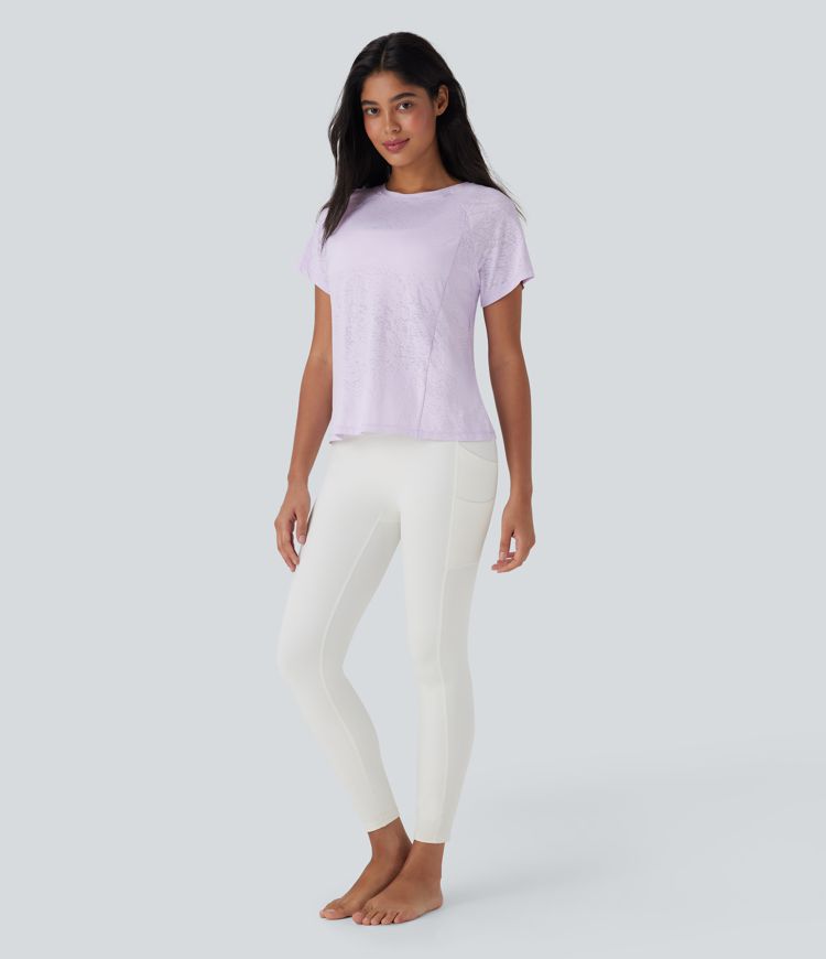 Jacquard Round Neck Raglan Sleeve Yoga Sports Top