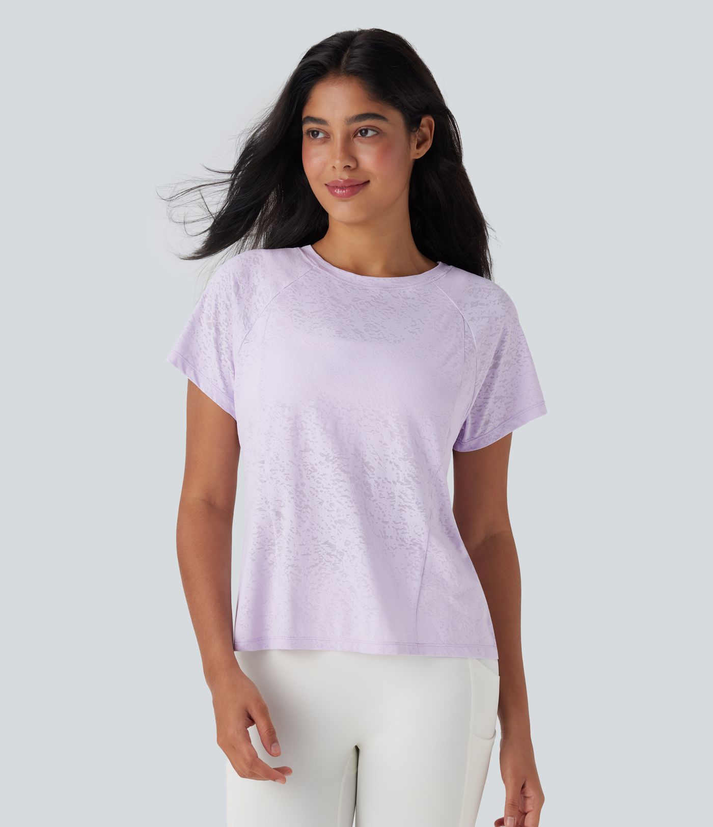 Jacquard Round Neck Raglan Sleeve Yoga Sports Top