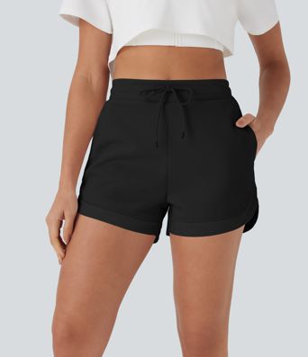 Hohe Taille Kordelzug Kontrast Mesh Gebogener Saum Yoga-Shorts mit Taschen Hohe Taille Kordelzug Kontrast Mesh Gebogener Saum Yoga-Shorts mit Taschen
