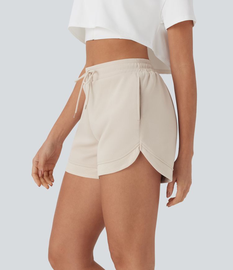 High Waisted Drawstring Contrast Mesh Curved Hem Yoga Shorts with Pockets