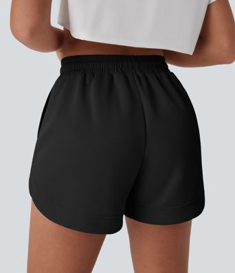 Hohe Taille Kordelzug Kontrast Mesh Gebogener Saum Yoga-Shorts mit Taschen Hohe Taille Kordelzug Kontrast Mesh Gebogener Saum Yoga-Shorts mit Taschen
