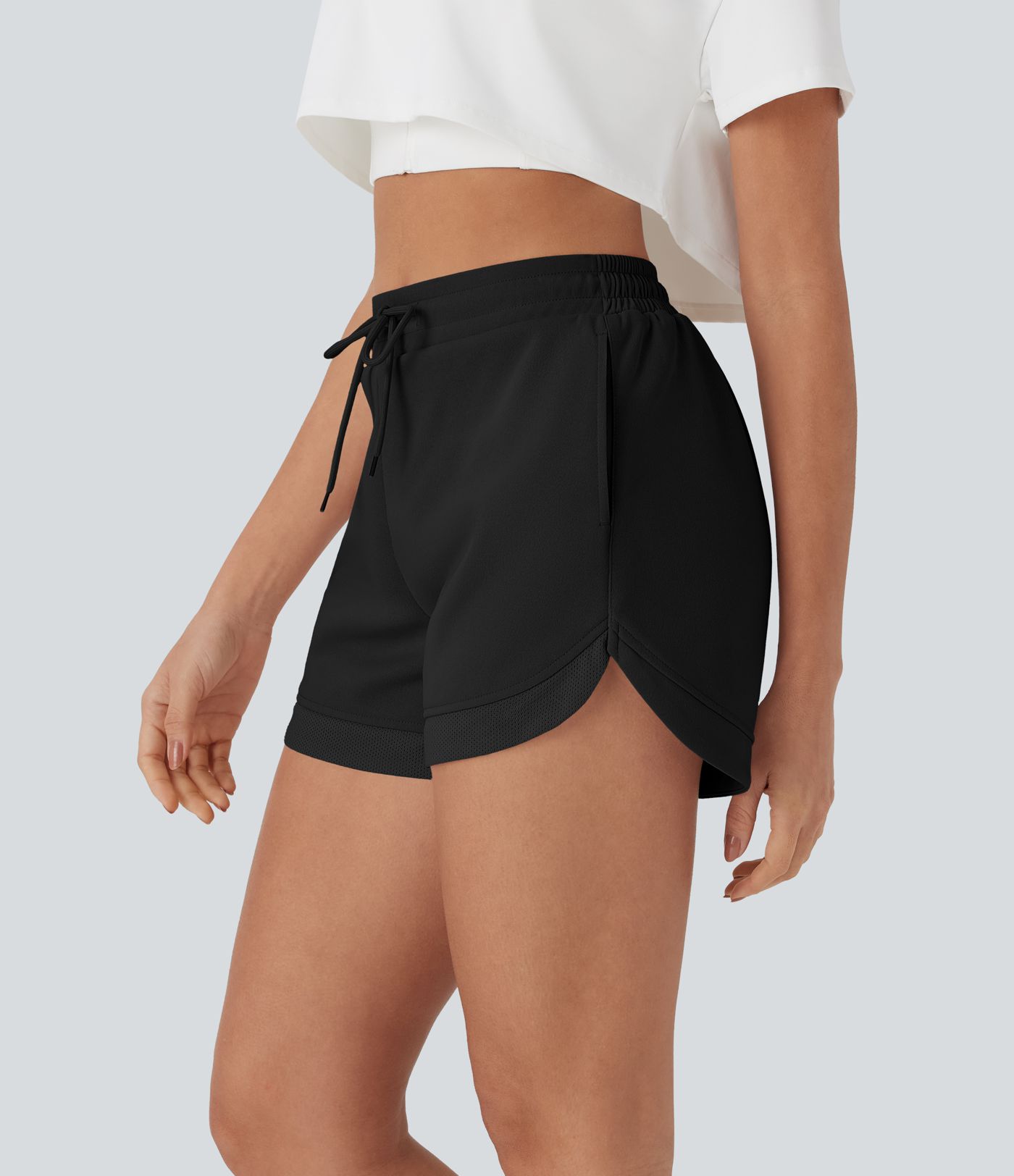 Hohe Taille Kordelzug Kontrast Mesh Gebogener Saum Yoga-Shorts mit Taschen Hohe Taille Kordelzug Kontrast Mesh Gebogener Saum Yoga-Shorts mit Taschen