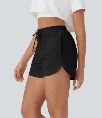 Hohe Taille Kordelzug Kontrast Mesh Gebogener Saum Yoga-Shorts mit Taschen Hohe Taille Kordelzug Kontrast Mesh Gebogener Saum Yoga-Shorts mit Taschen