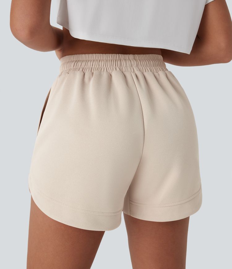 High Waisted Drawstring Contrast Mesh Curved Hem Yoga Shorts with Pockets