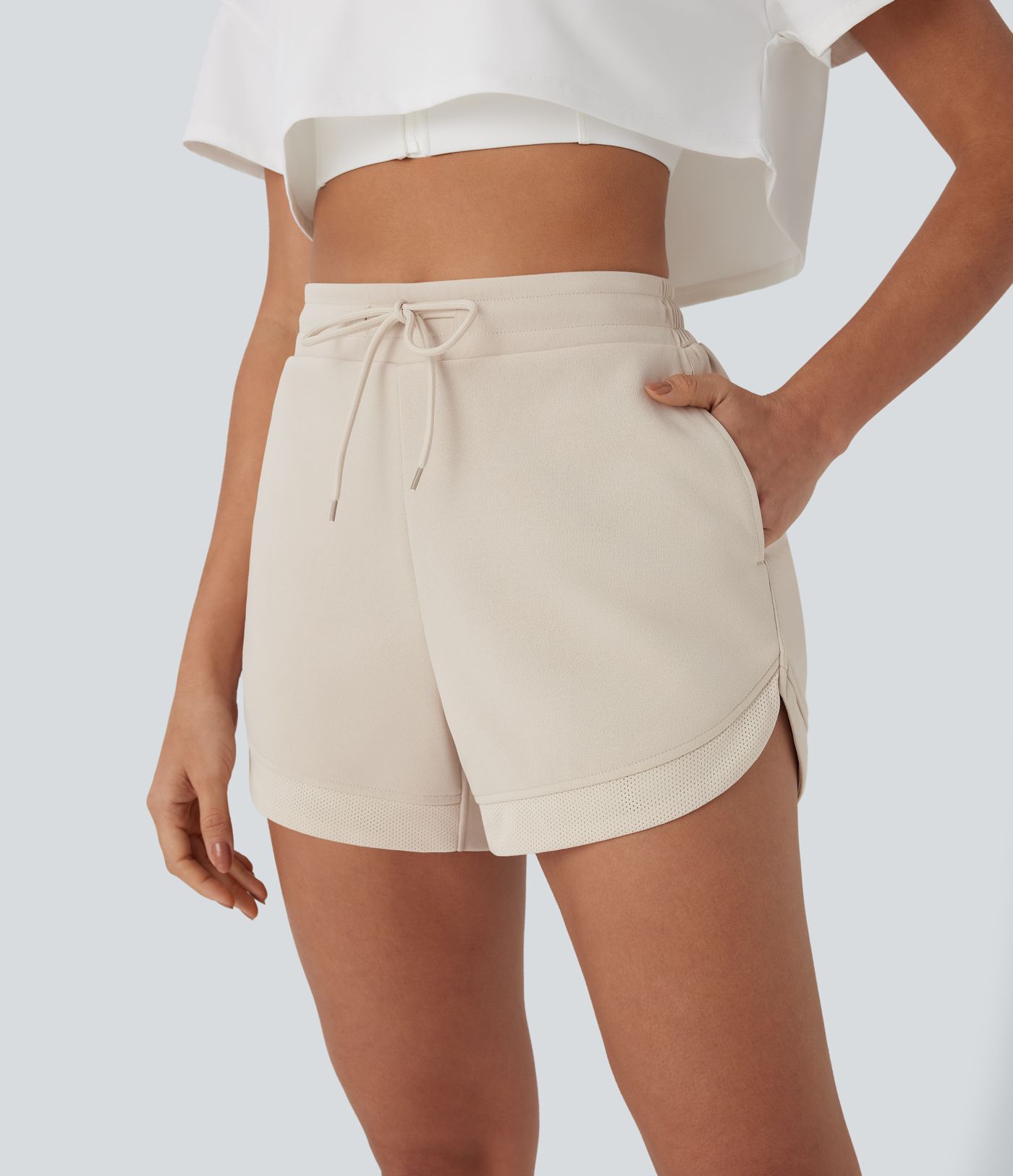 High Waisted Drawstring Contrast Mesh Curved Hem Yoga Shorts with Pockets