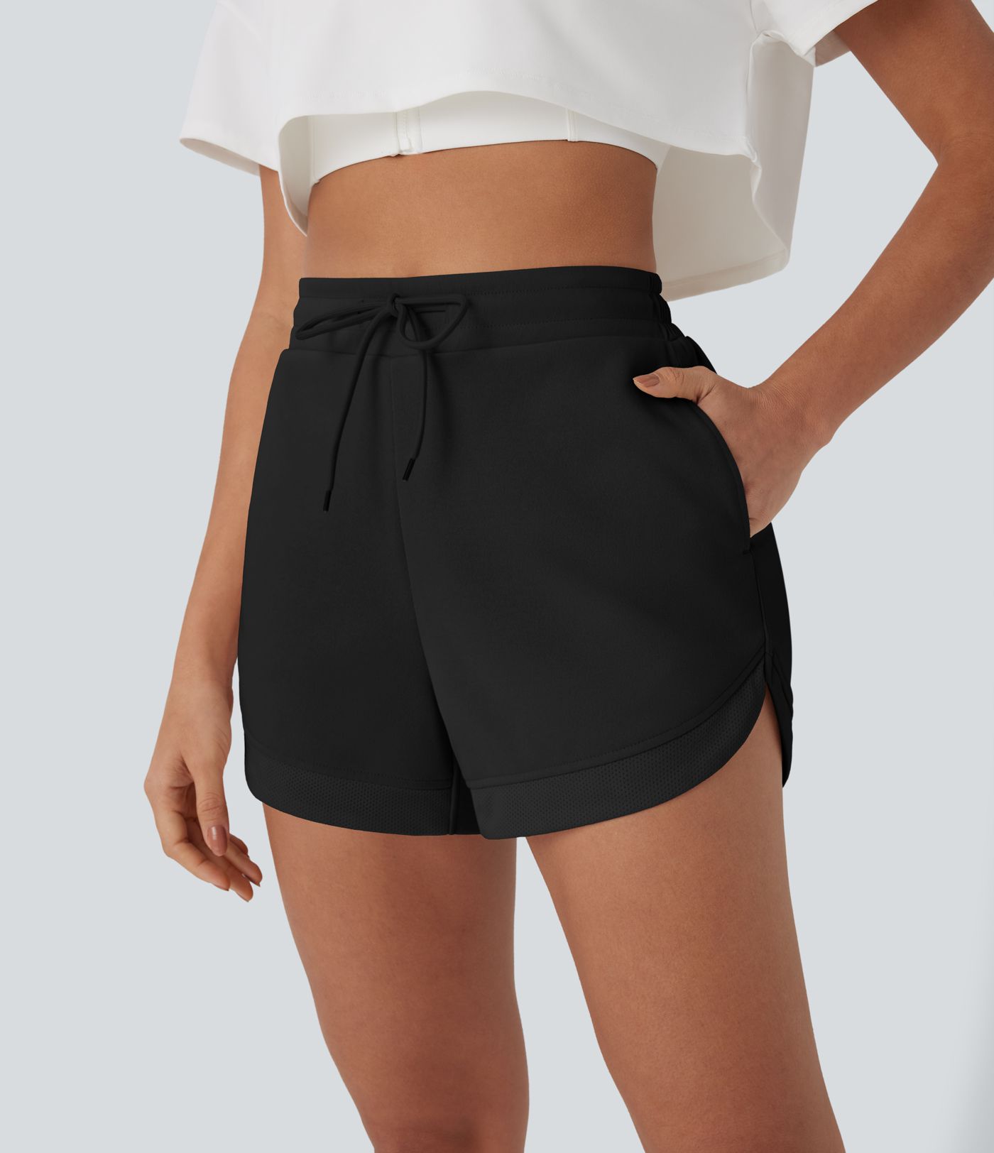 Hohe Taille Kordelzug Kontrast Mesh Gebogener Saum Yoga-Shorts mit Taschen Hohe Taille Kordelzug Kontrast Mesh Gebogener Saum Yoga-Shorts mit Taschen