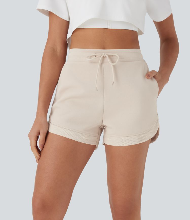 High Waisted Drawstring Contrast Mesh Curved Hem Yoga Shorts with Pockets