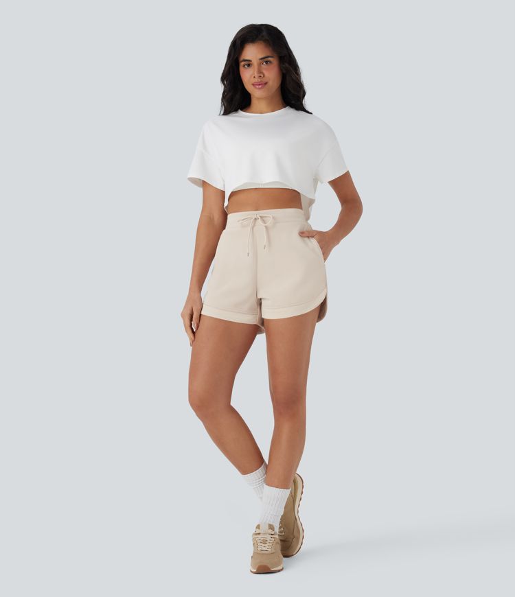 High Waisted Drawstring Contrast Mesh Curved Hem Yoga Shorts with Pockets