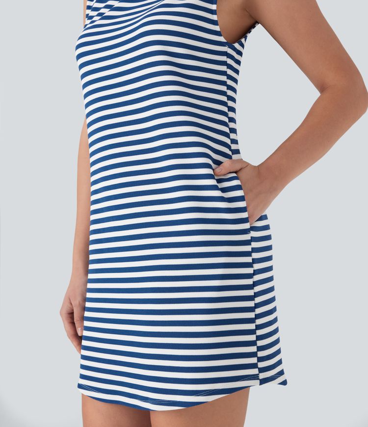 Boat Neck Sleeveless Curved Hem Mini Stripe Waffle Casual Dress with Pockets