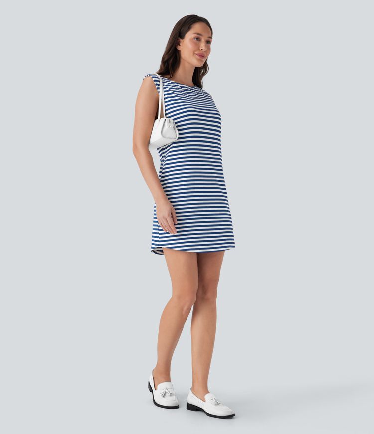 Boat Neck Sleeveless Curved Hem Mini Stripe Waffle Casual Dress with Pockets