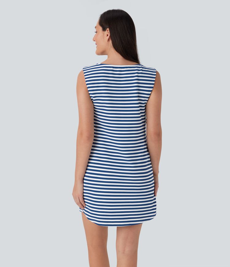 Boat Neck Sleeveless Curved Hem Mini Stripe Waffle Casual Dress with Pockets