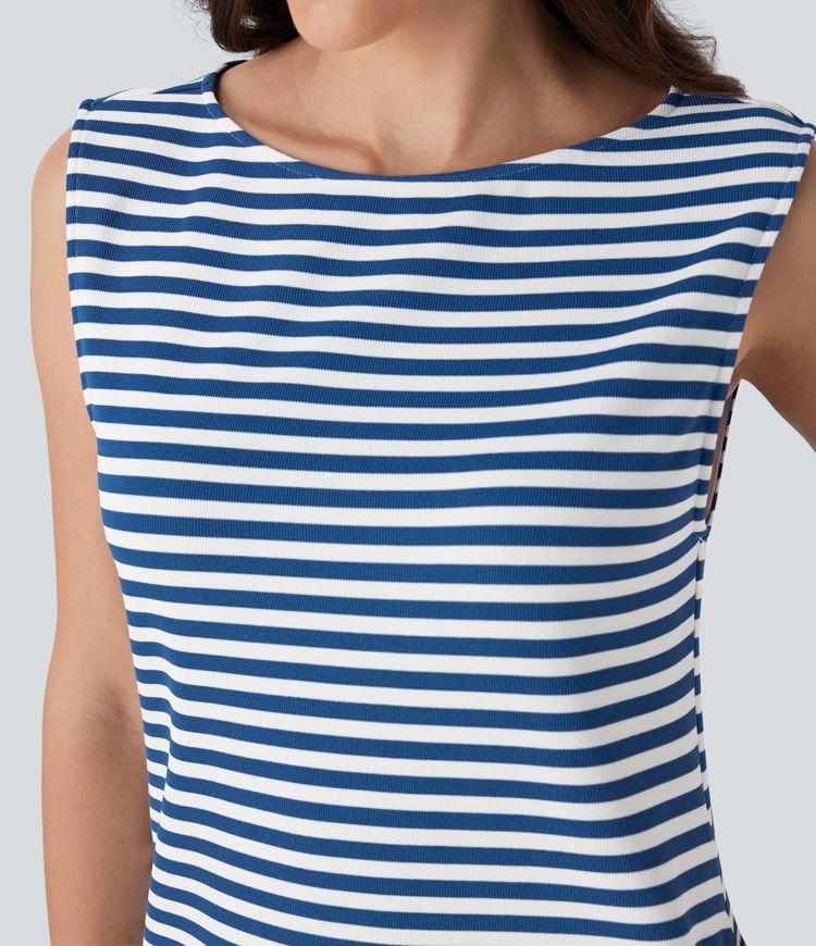 Boat Neck Sleeveless Curved Hem Mini Stripe Waffle Casual Dress with Pockets