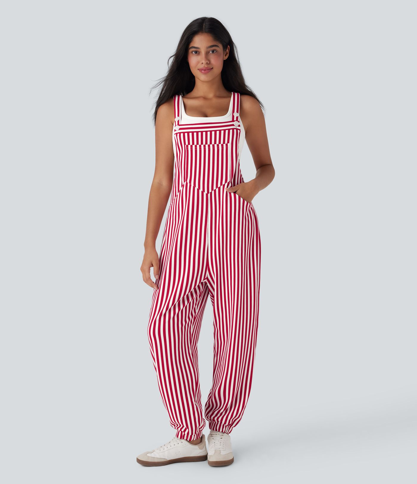 Stripe Waffle Jogger Overalls with Pockets