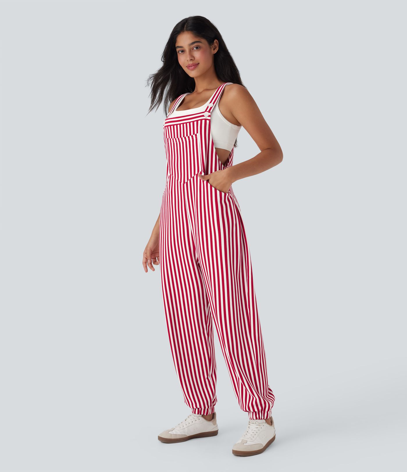 Stripe Waffle Jogger Overalls with Pockets