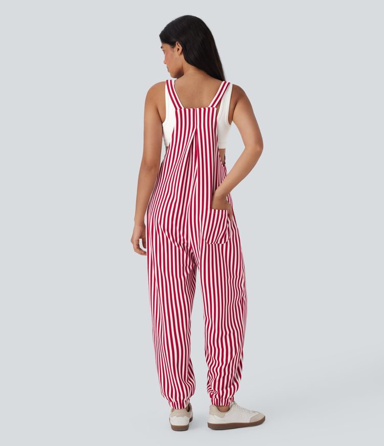 Stripe Waffle Jogger Overalls with Pockets