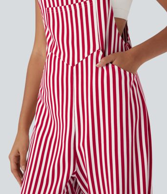 Stripe Waffle Jogger Overalls with Pockets