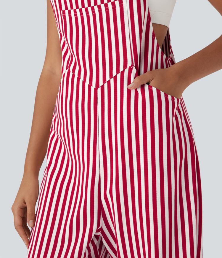 Stripe Waffle Jogger Overalls with Pockets