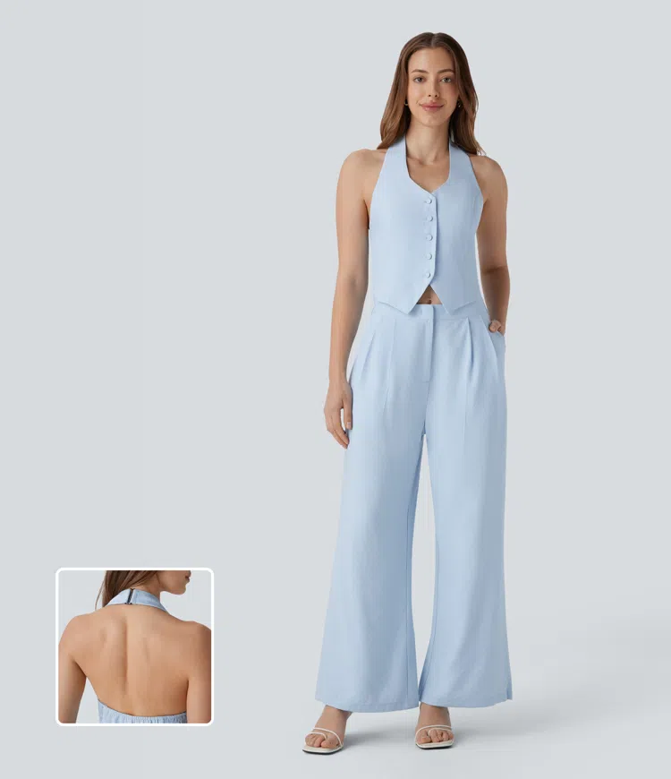 Halter Shirred Wide Leg Work Jumpsuit with Pockets