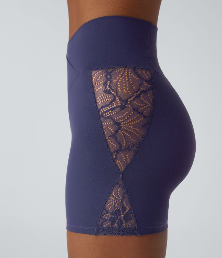 SoftlyZero™ High Waisted Crossover Contrast Lace Built-in Underwear Yoga Biker Shorts 5'' with Pocket-UPF50+