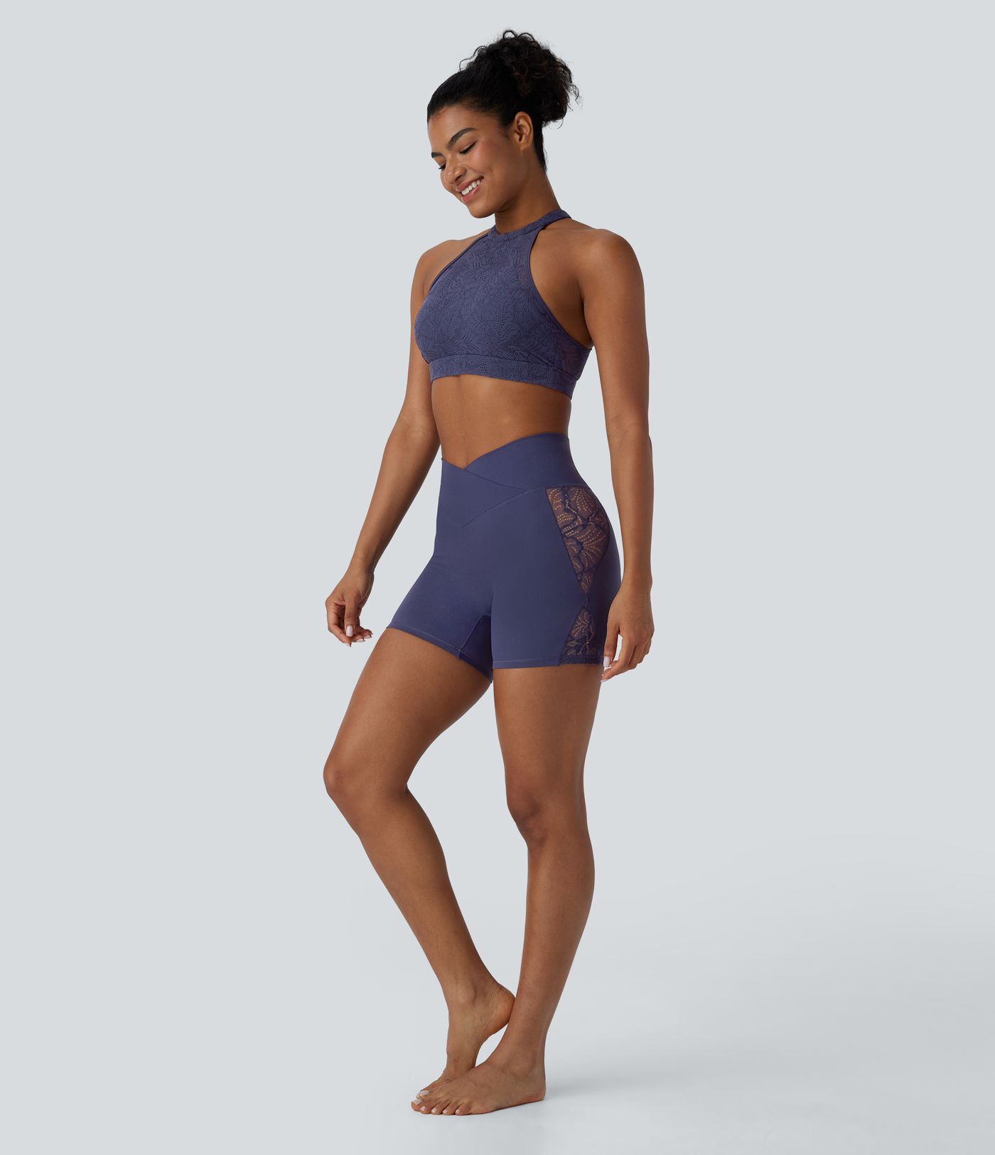 SoftlyZero™ High Waisted Crossover Contrast Lace Built-in Underwear Yoga Biker Shorts 5'' with Pocket-UPF50+