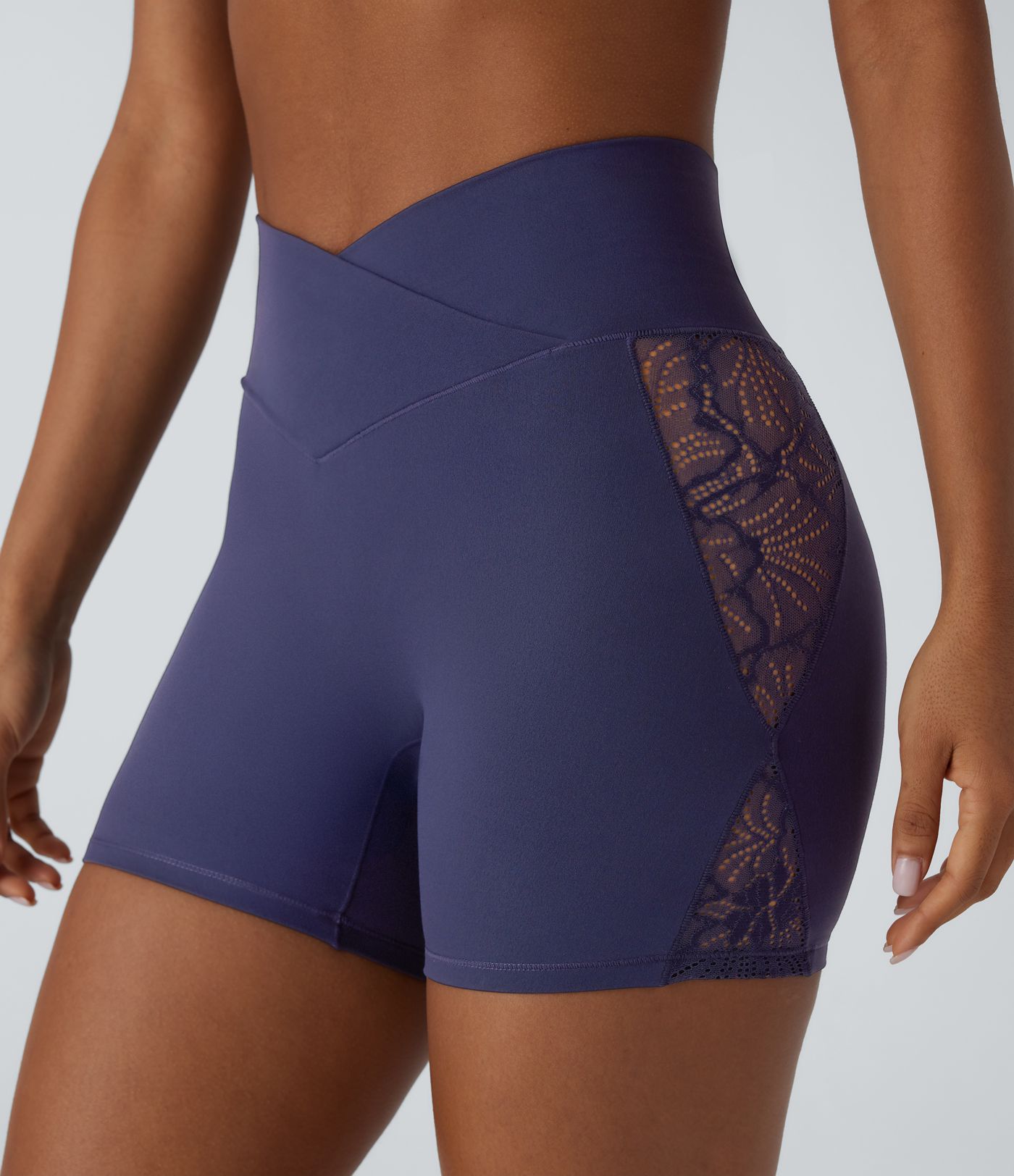 SoftlyZero™ High Waisted Crossover Contrast Lace Built-in Underwear Yoga Biker Shorts 5'' with Pocket-UPF50+