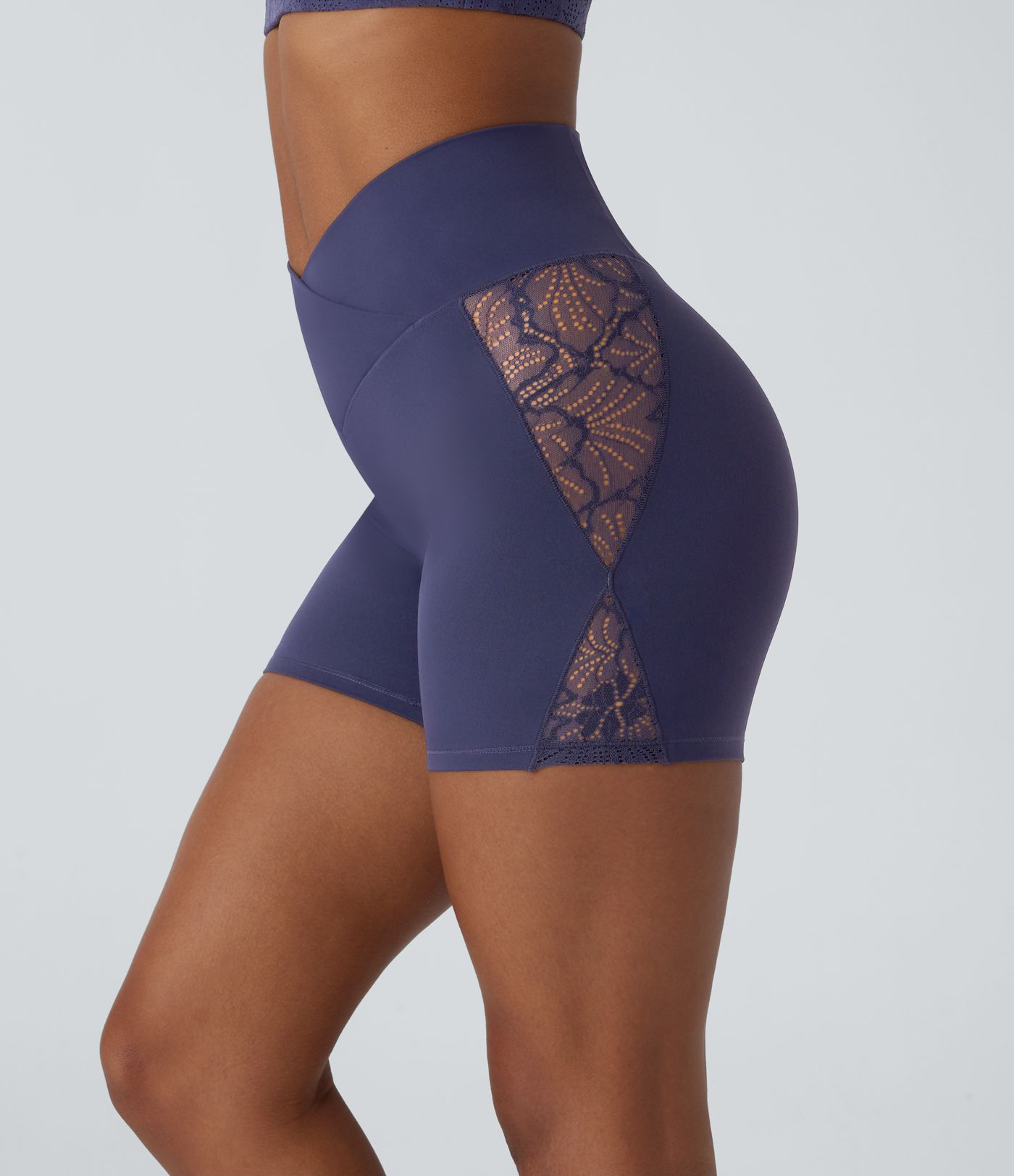 Softlyzero™ High Waisted Crossover Contrast Lace Built-in Underwear Yoga Biker Shorts 5'' with Pocket-UPF50+