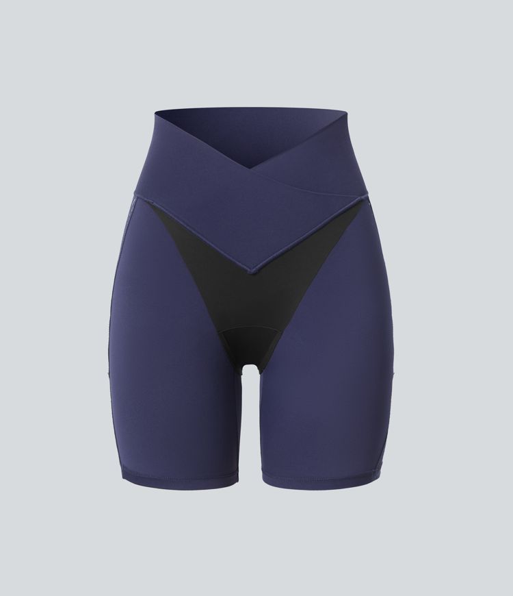 SoftlyZero™ High Waisted Crossover Contrast Lace Built-in Underwear Yoga Biker Shorts 5'' with Pocket-UPF50+