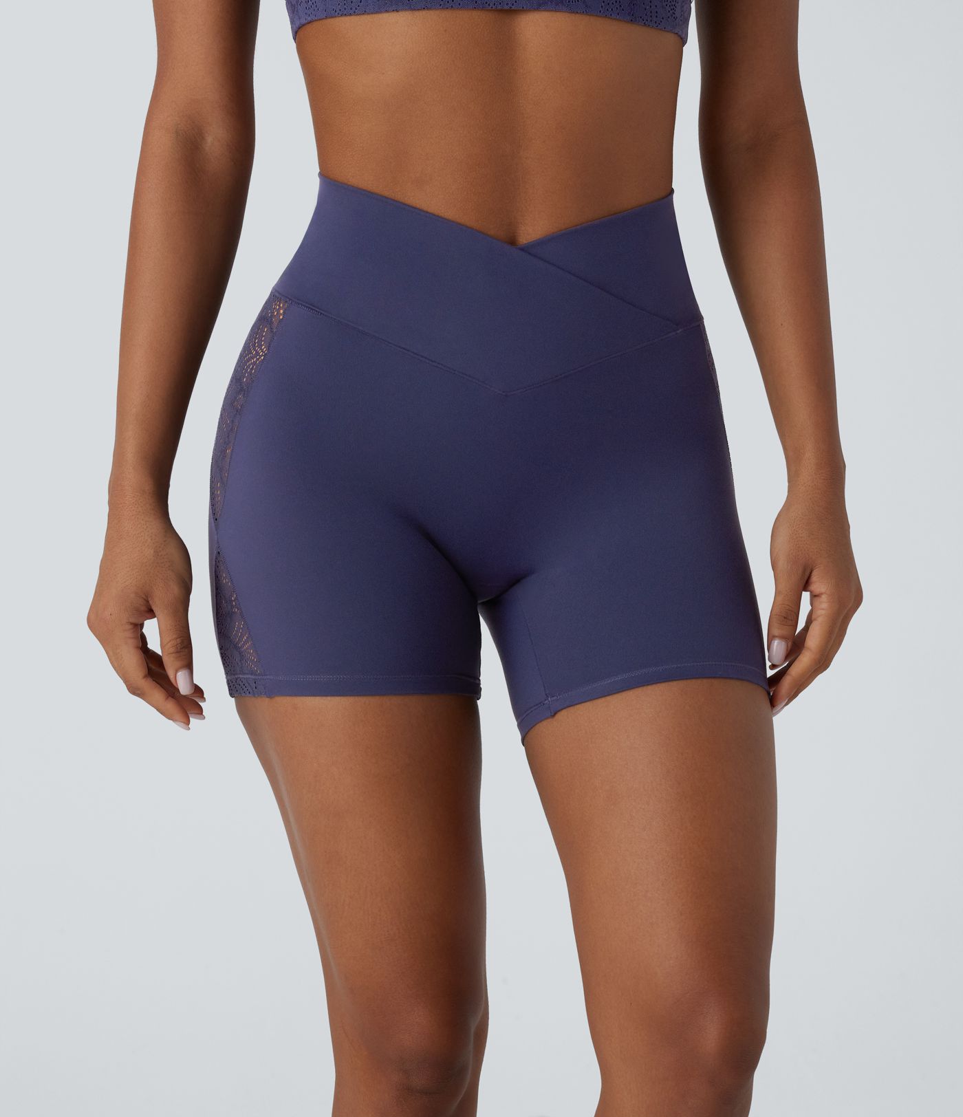 SoftlyZero™ High Waisted Crossover Contrast Lace Built-in Underwear Yoga Biker Shorts 5'' with Pocket-UPF50+
