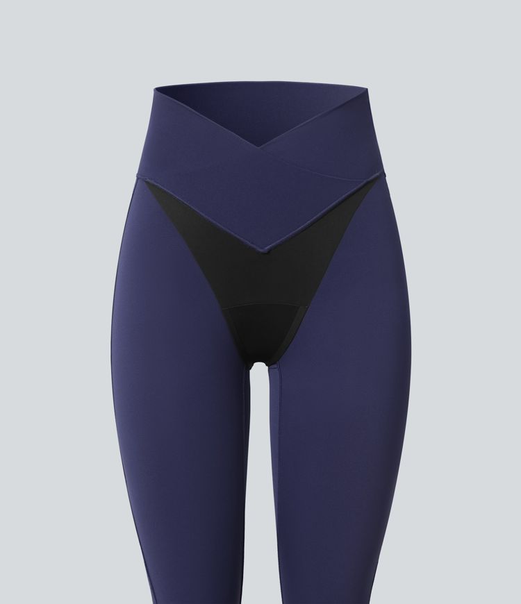 SoftlyZero™ High Waisted Crossover Contrast Lace Built-in Underwear Yoga Leggings with Pocket-UPF50+