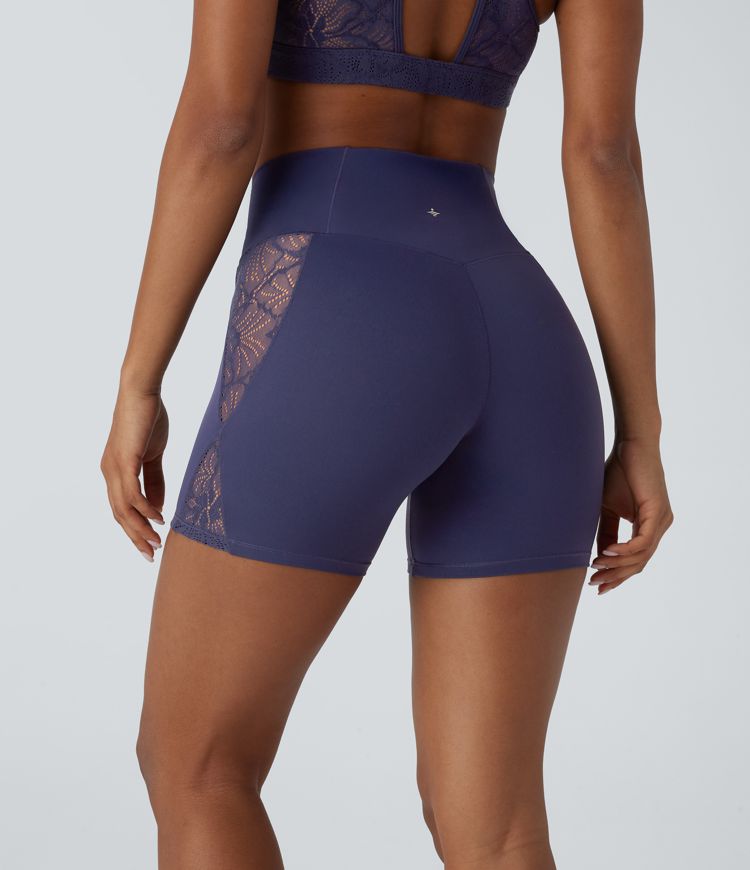 SoftlyZero™ High Waisted Crossover Contrast Lace Built-in Underwear Yoga Biker Shorts 5'' with Pocket-UPF50+