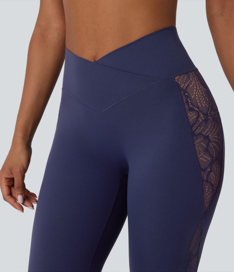 SoftlyZero™ High Waisted Crossover Contrast Lace Built-in Underwear Yoga Leggings with Pocket-UPF50+