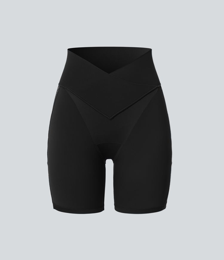 SoftlyZero™ High Waisted Crossover Contrast Lace Built-in Underwear Yoga Biker Shorts 5'' with Pocket-UPF50+