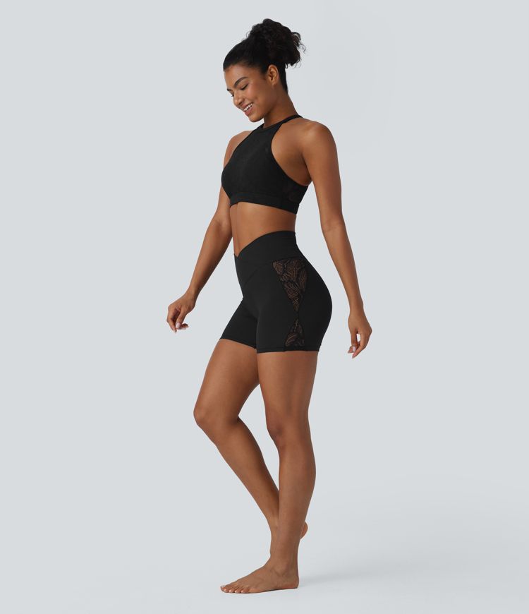 SoftlyZero™ High Waisted Crossover Contrast Lace Built-in Underwear Yoga Biker Shorts 5'' with Pocket-UPF50+