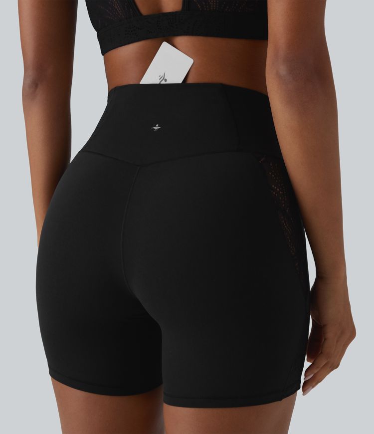 SoftlyZero™ High Waisted Crossover Contrast Lace Built-in Underwear Yoga Biker Shorts 5'' with Pocket-UPF50+