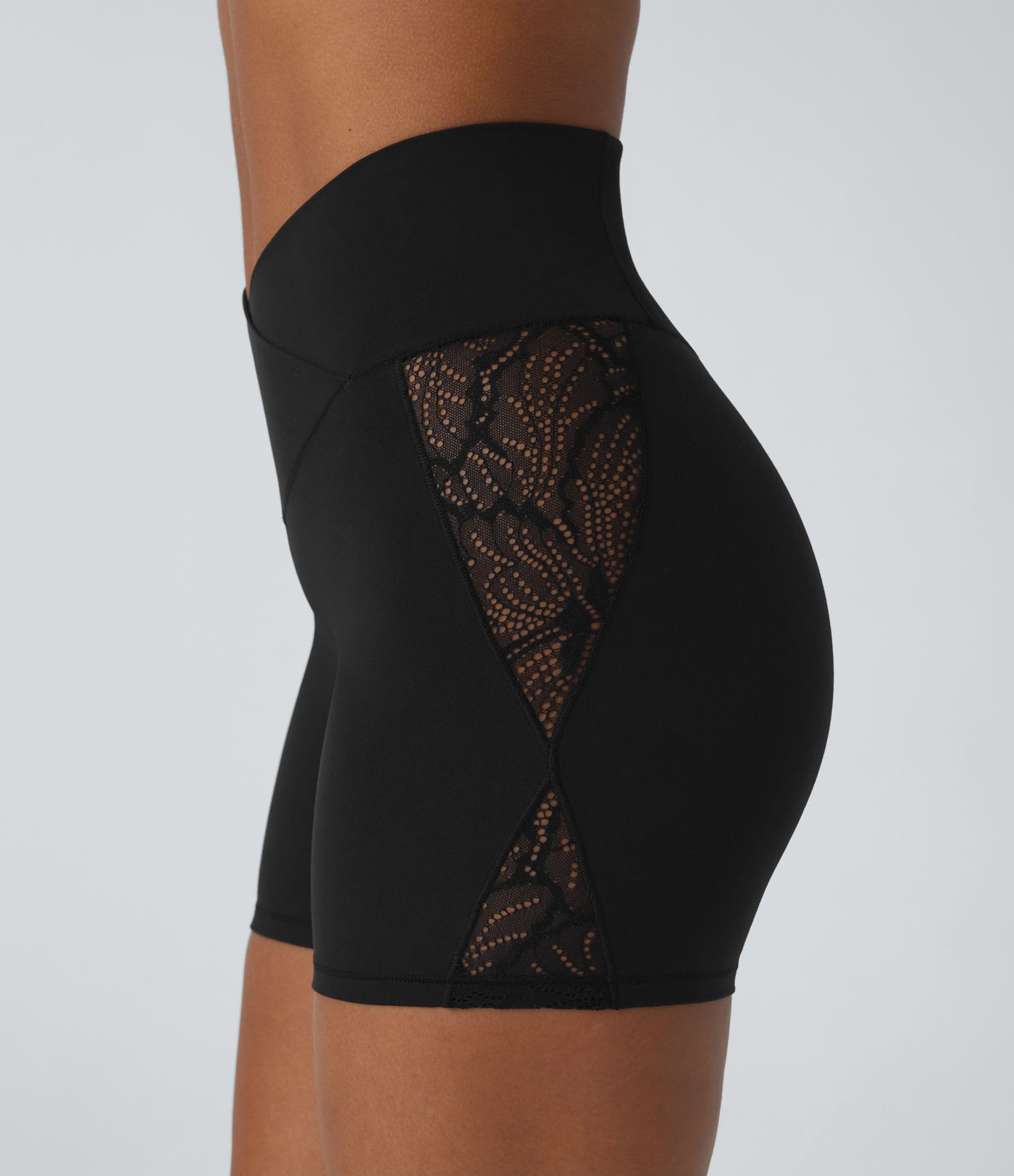 SoftlyZero™ High Waisted Crossover Contrast Lace Built-in Underwear Yoga Biker Shorts 5'' with Pocket-UPF50+