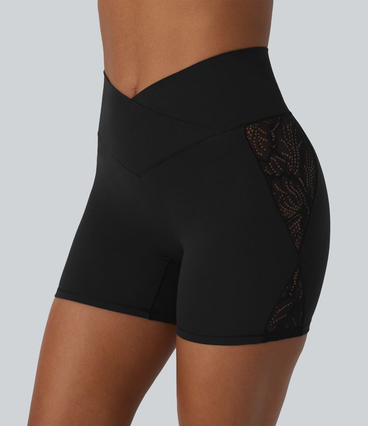 SoftlyZero™ High Waisted Crossover Contrast Lace Built-in Underwear Yoga Biker Shorts 5'' with Pocket-UPF50+
