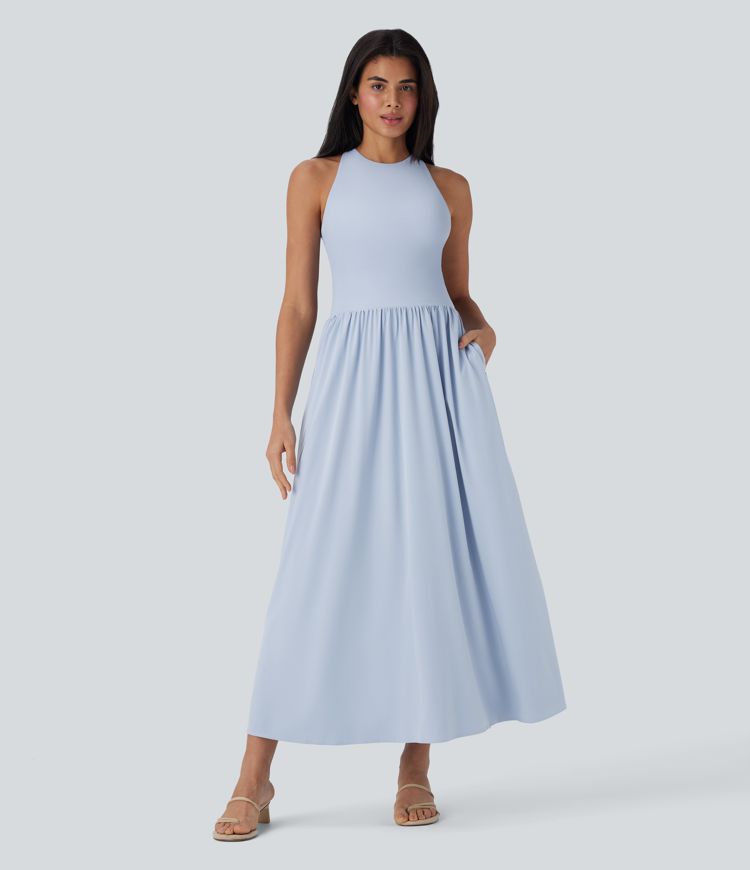 Breezeful™ Backless Crisscross Quick Dry Maxi Casual Dress with Side Pockets